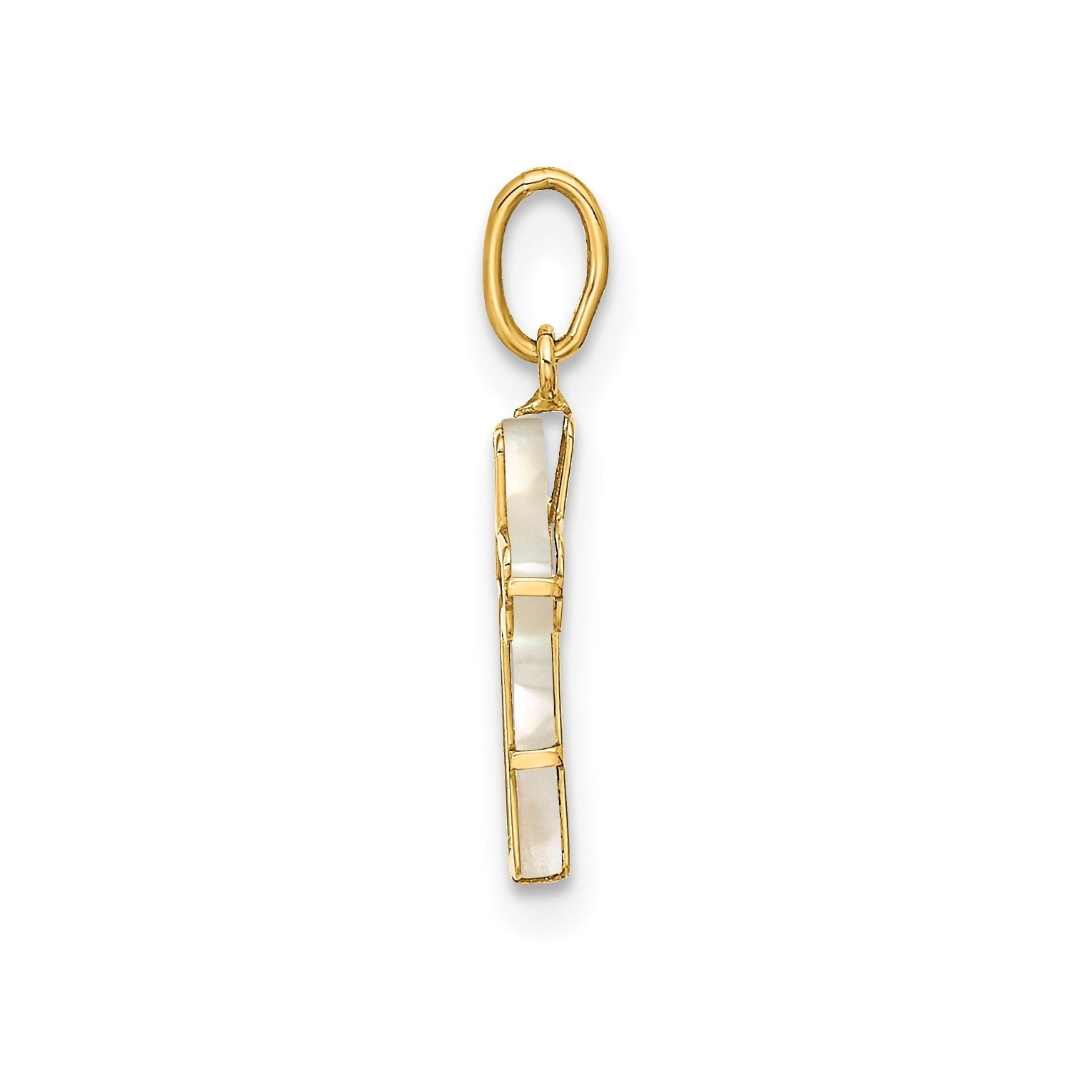 14K Real Yellow Gold High Polished Mother of Pearl Cross Pendant, 12x8mm