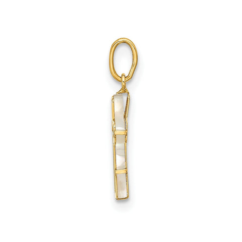 14K Real Yellow Gold High Polished Mother of Pearl Cross Pendant, 12x8mm