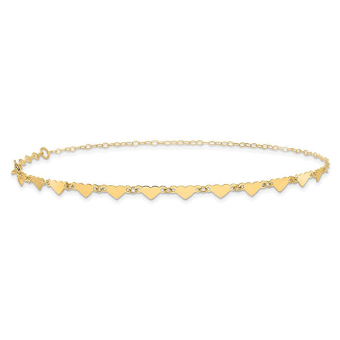 14K Real Yellow Gold Oval Link Chain with Hearts Anklet, 9-10 Inch Adjustable Length
