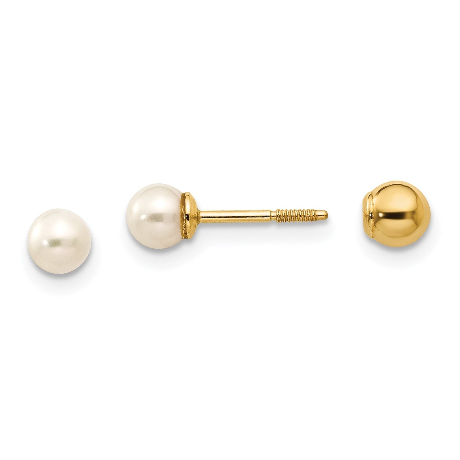 14k Real Yellow Gold Reversible 3.75-4mm FW Cultured Pearl and Gold Bead Earrings