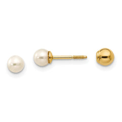 14k Real Yellow Gold Reversible 3.75-4mm FW Cultured Pearl and Gold Bead Earrings