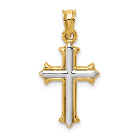 14k Real Yellow Gold with Rhodium Finisj Reversible Hollow Cross Pendant, 26x13mm