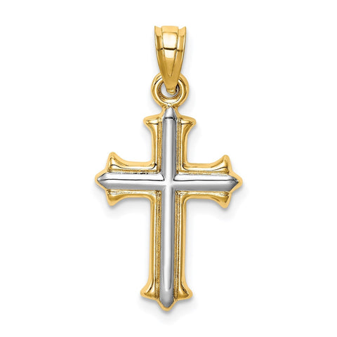 14k Real Yellow Gold with Rhodium Finisj Reversible Hollow Cross Pendant, 26x13mm