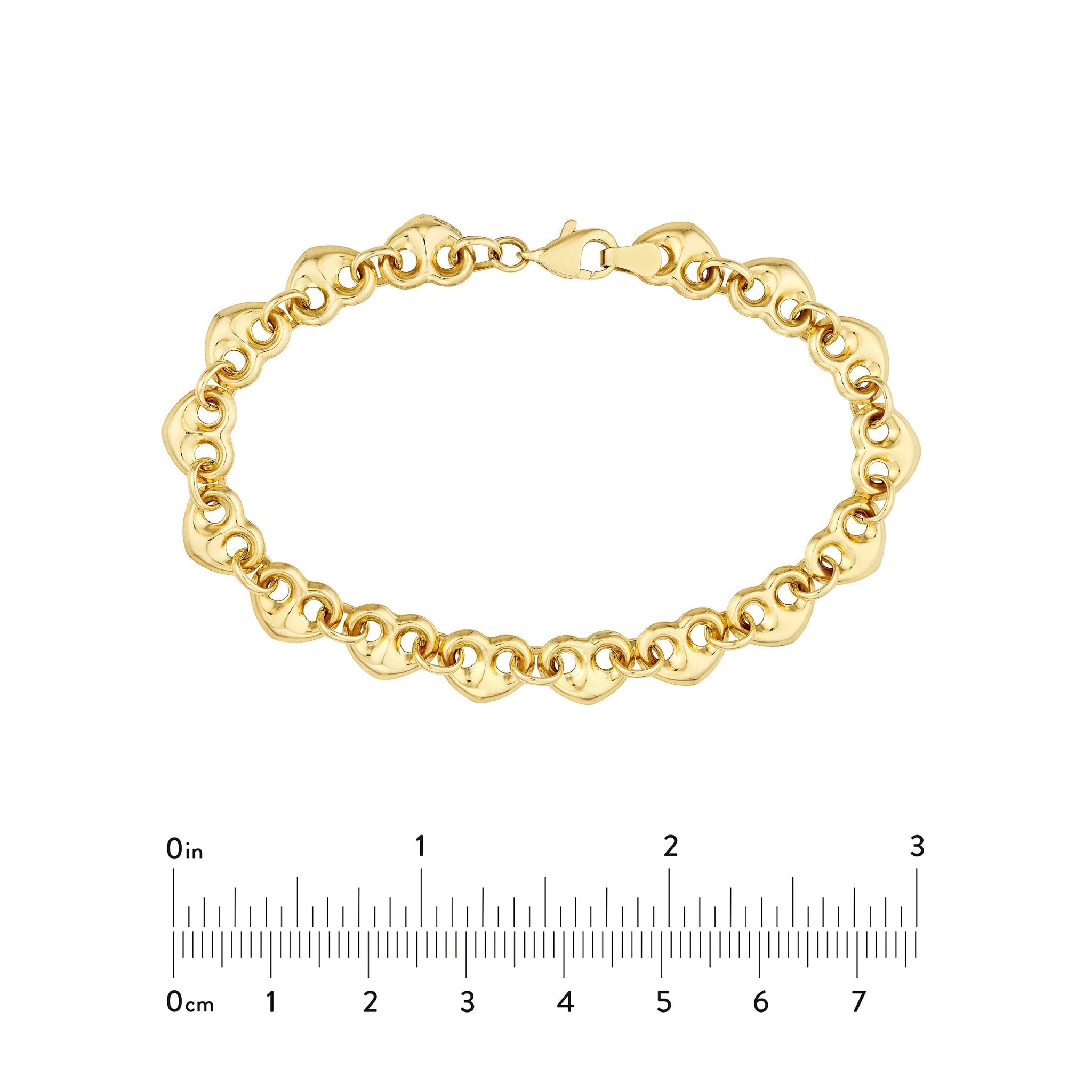 14k Real Yellow Puff Mariner Heart Charms Bracelet, 7.25 Inches - JewelryAffairs