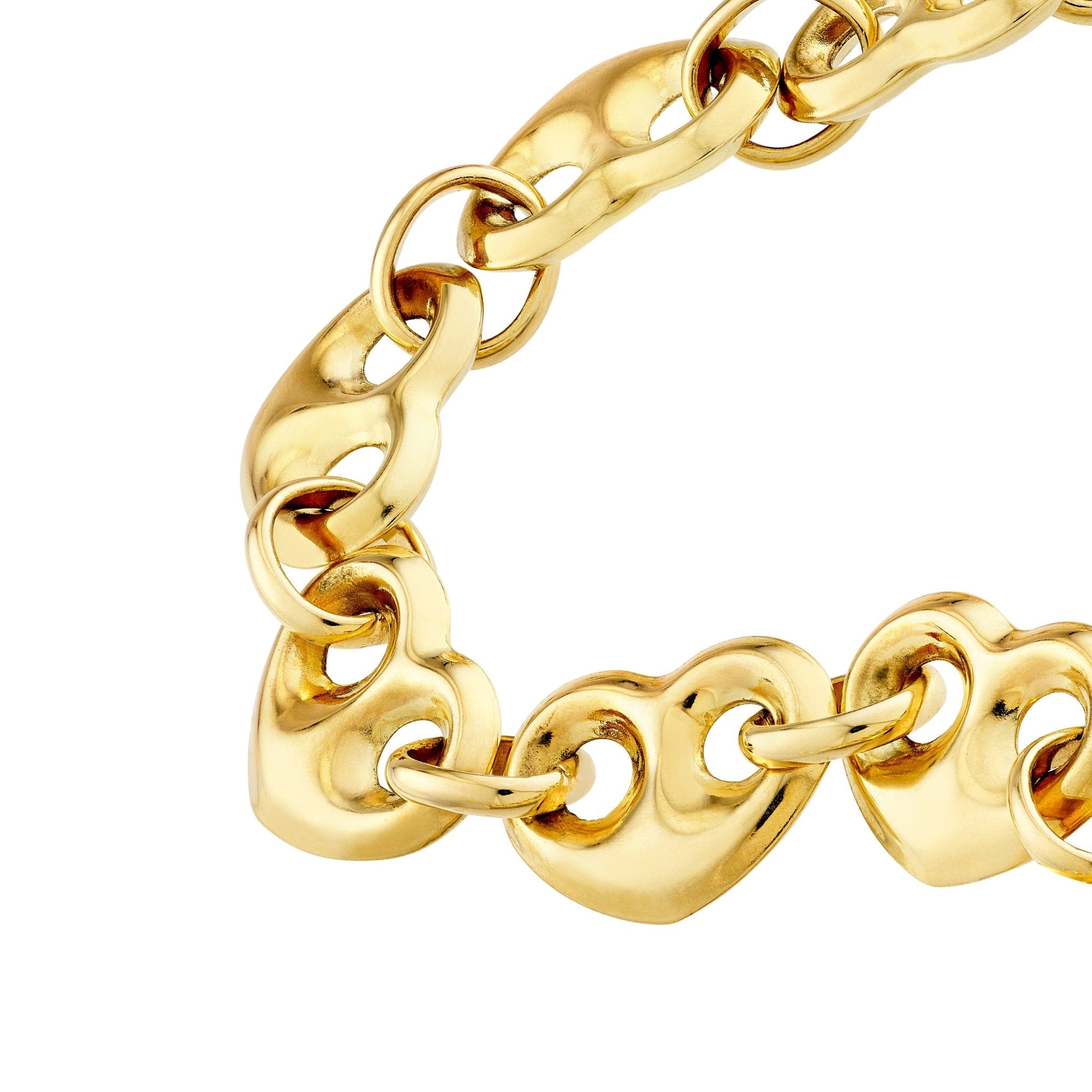 14k Real Yellow Puff Mariner Heart Charms Bracelet, 7.25 Inches - JewelryAffairs