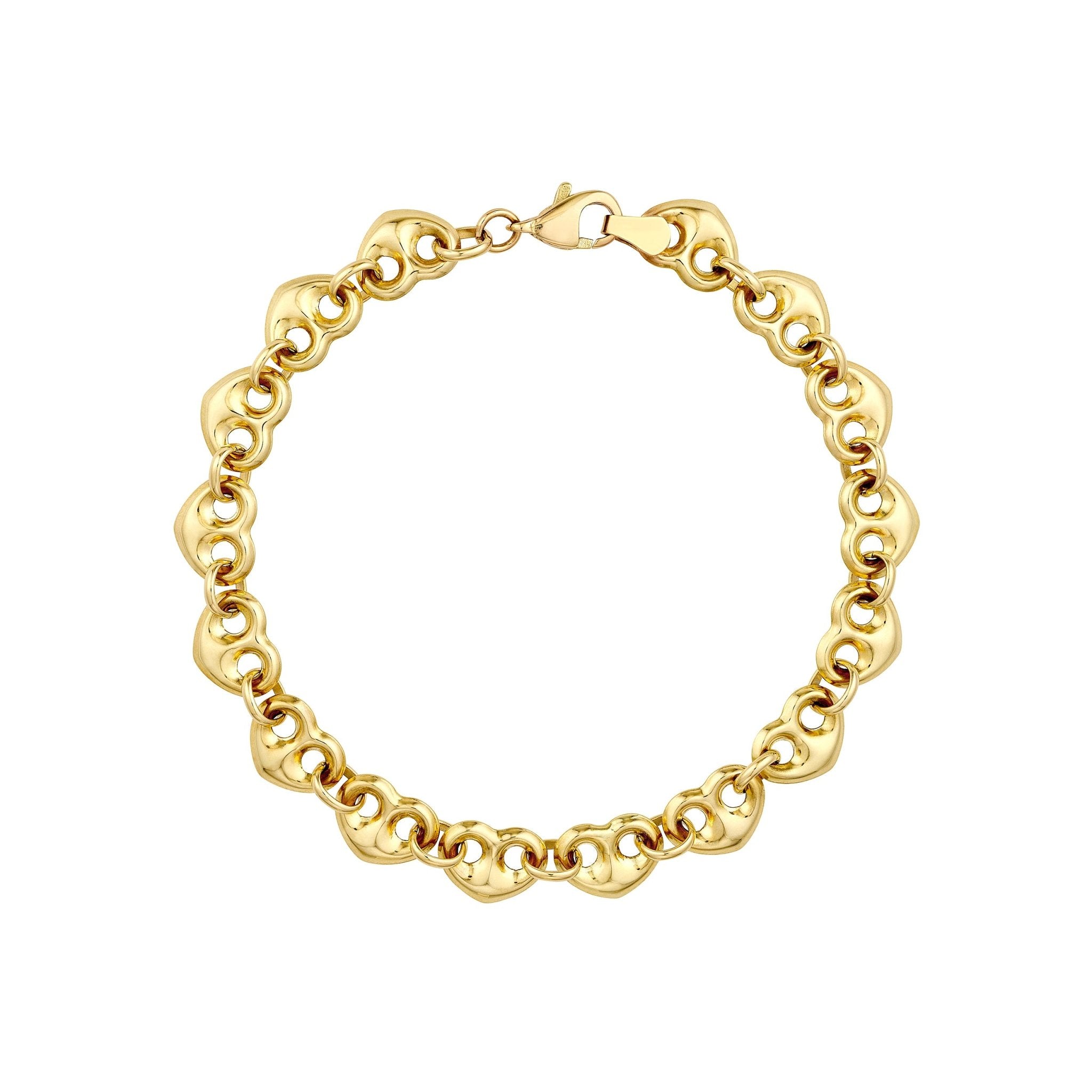 14k Real Yellow Puff Mariner Heart Charms Bracelet, 7.25 Inches - JewelryAffairs