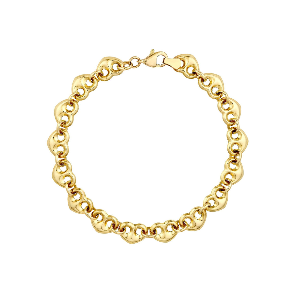 14k Real Yellow Puff Mariner Heart Charms Bracelet, 7.25 Inches - JewelryAffairs