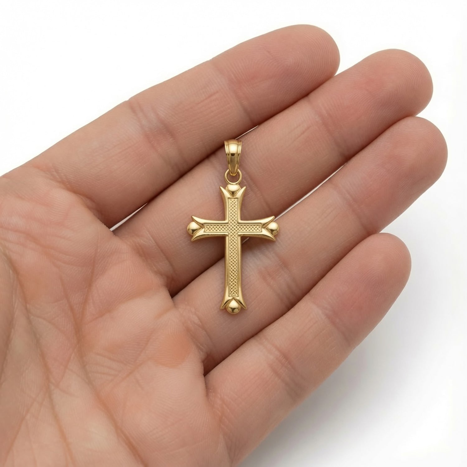 14k Real Yellow Solid Gold Fleur De Lis Cross Pendant, 30x16mm