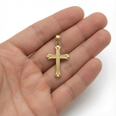 14k Real Yellow Solid Gold Fleur De Lis Cross Pendant, 30x16mm
