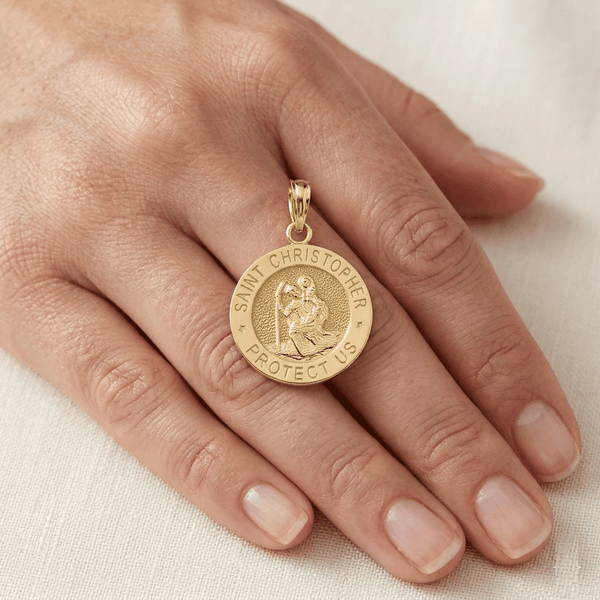 14k Real Yellow Solid Gold Saint Christopher Medal Round Pendant, 17.5mm