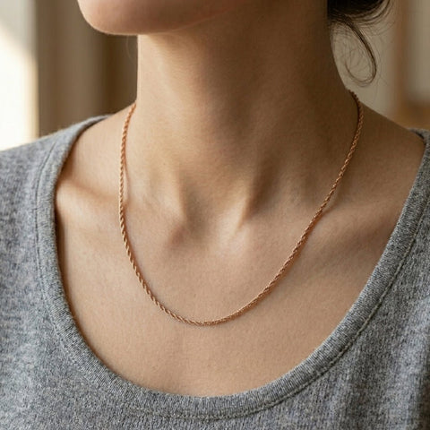 14k Rose Solid Gold Diamond Cut Rope Chain Necklace, 1.5mm