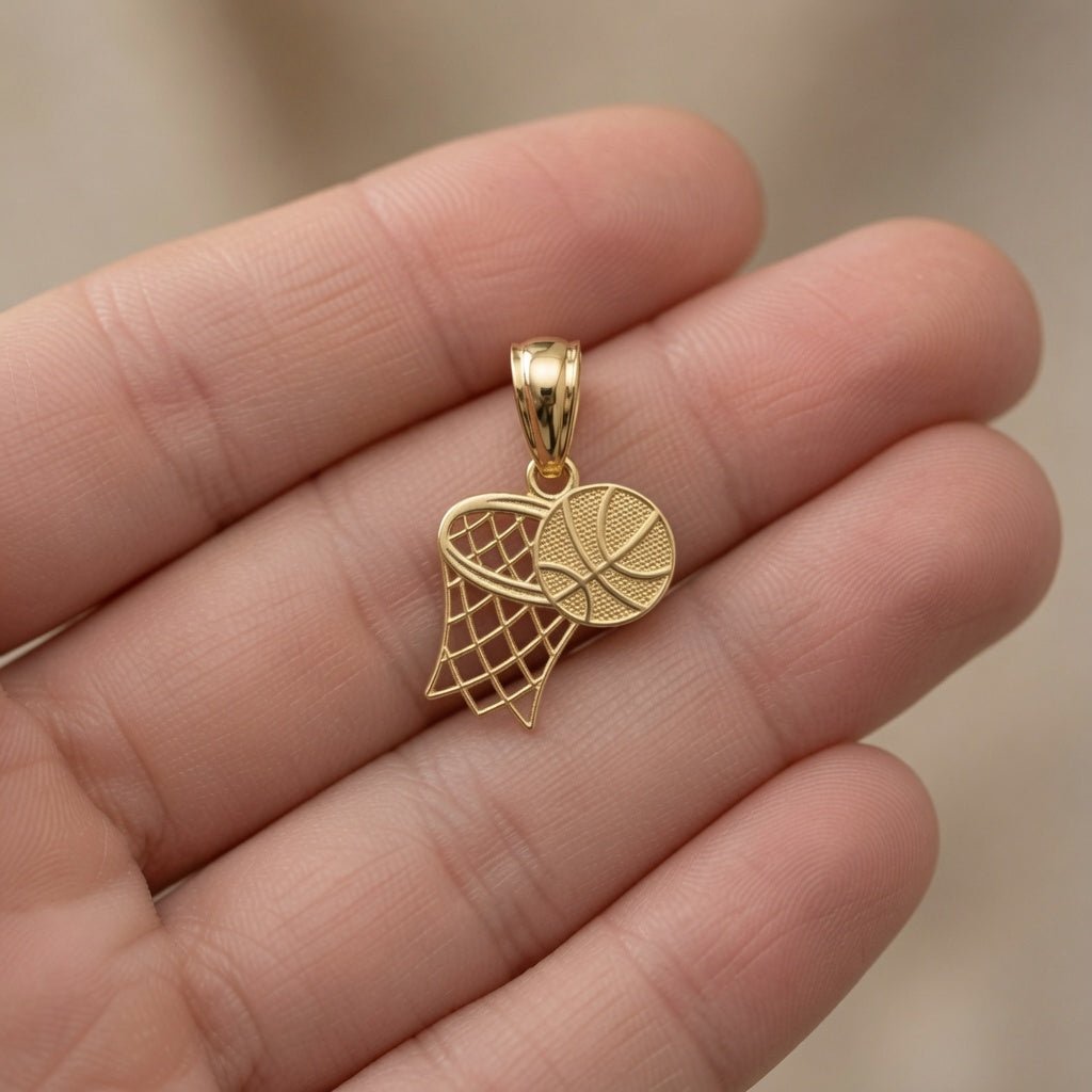 14K Solid Yellow Gold Basketball and Hoop Pendant, 18x11mm