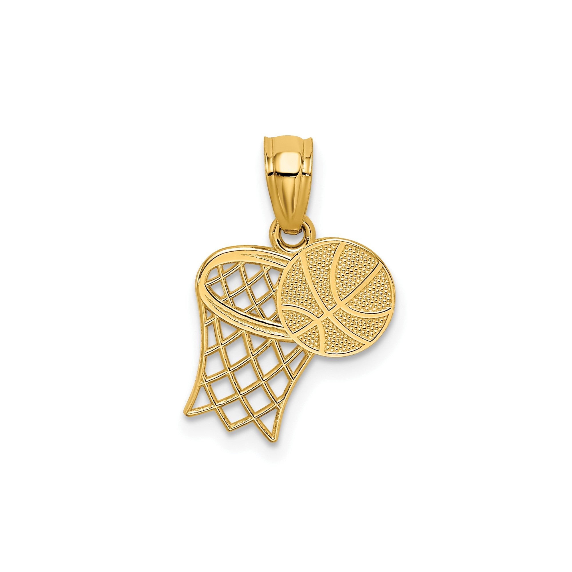 14K Solid Yellow Gold Basketball and Hoop Pendant, 18x11mm