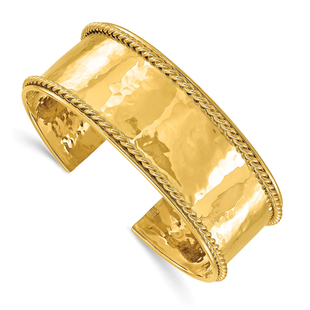14K Solid Yellow Gold Hammered Rope Edge 22mm Width Cuff Bangle - JewelryAffairs