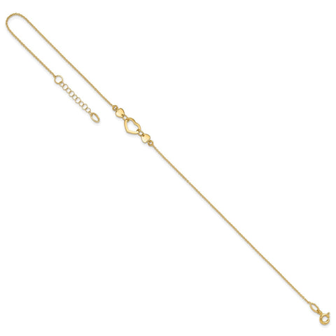 14k Solid Yellow Gold High Polished Heart Charm Adjustable Anklet, 10 to 10.75