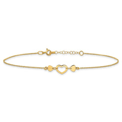 14k Solid Yellow Gold High Polished Heart Charm Adjustable Anklet, 10 to 10.75