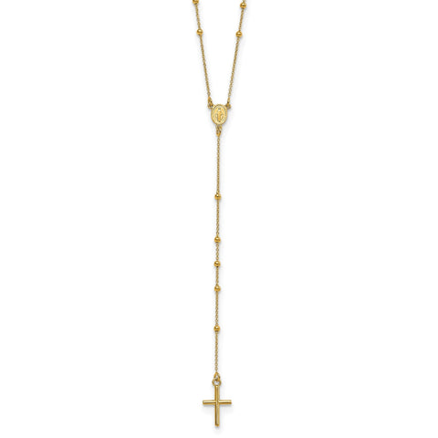 14k Solid Yellow Gold High Polished Rosary 24 inch Cross Necklace