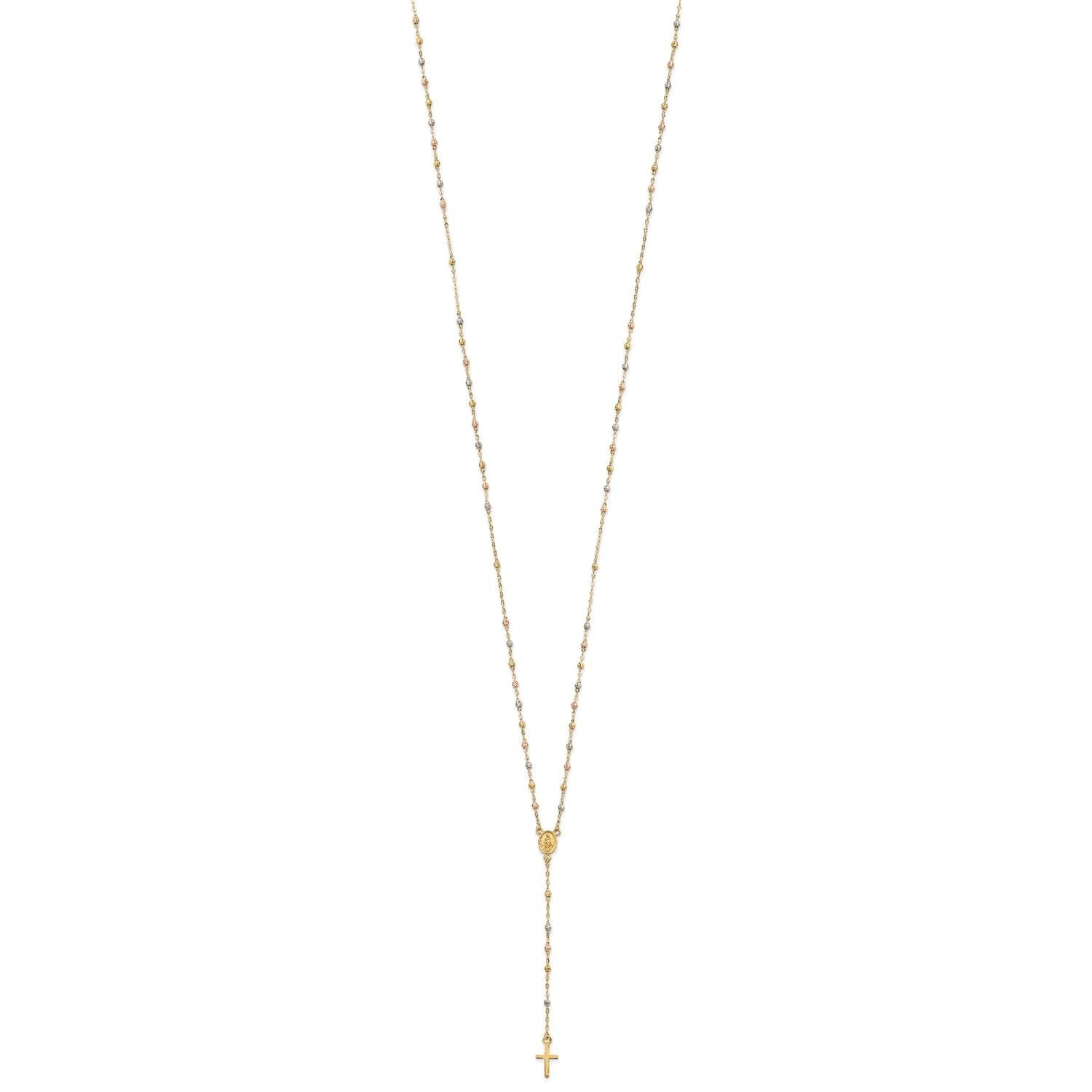 14k Tri-color Gold Beaded Rosary Cross Necklace, 17 to 20 Adjustable