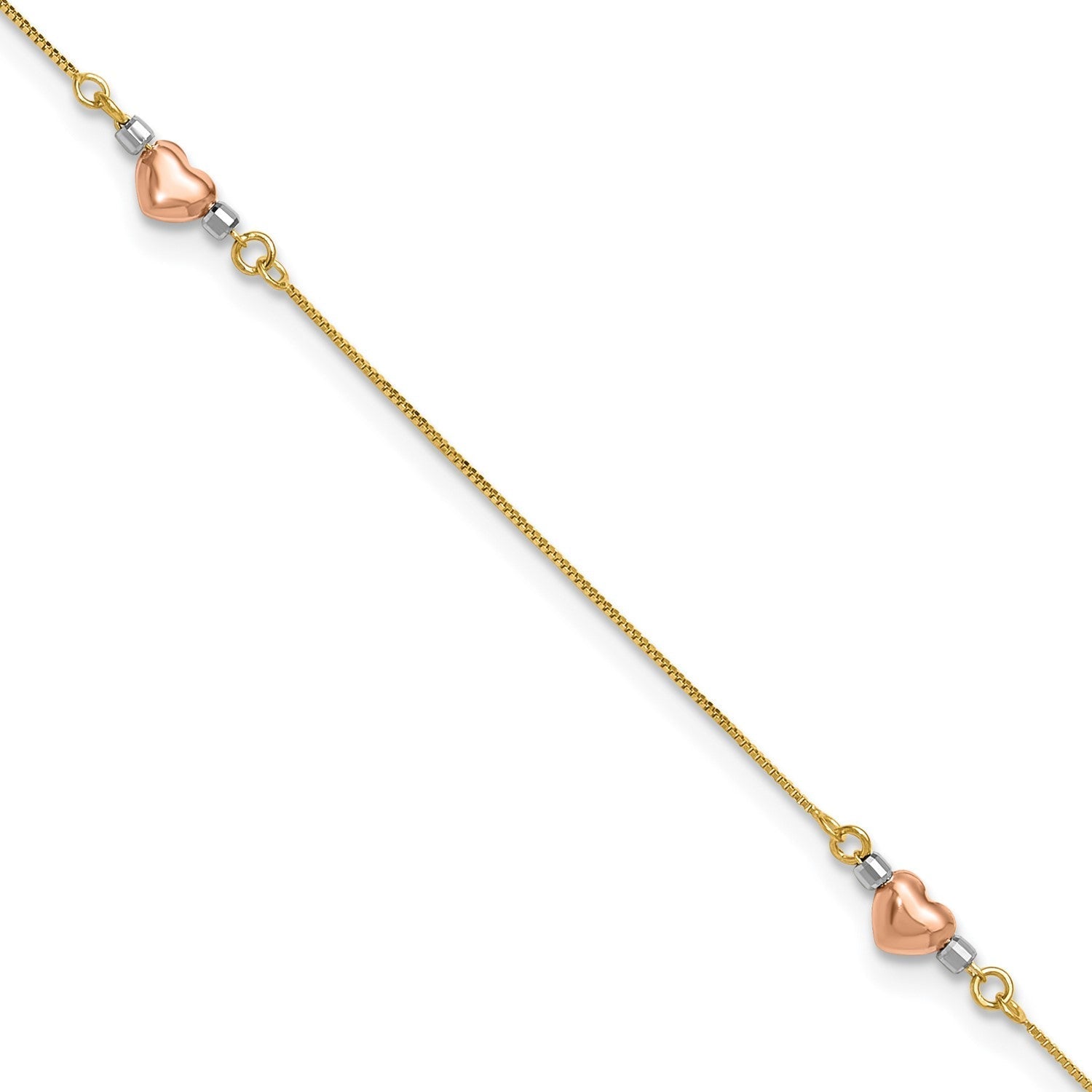 14k Tri-Color Gold Puffed Heart Charms Anklet, Adjustable 9 to 10