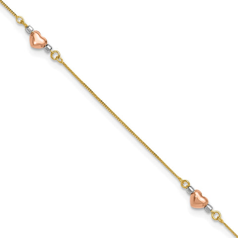 14k Tri-Color Gold Puffed Heart Charms Anklet, Adjustable 9 to 10