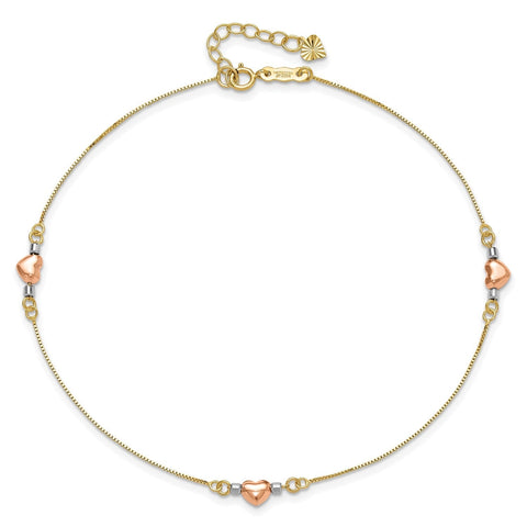 14k Tri-Color Gold Puffed Heart Charms Anklet, Adjustable 9 to 10
