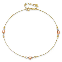 14k Tri-Color Gold Puffed Heart Charms Anklet, Adjustable 9 to 10