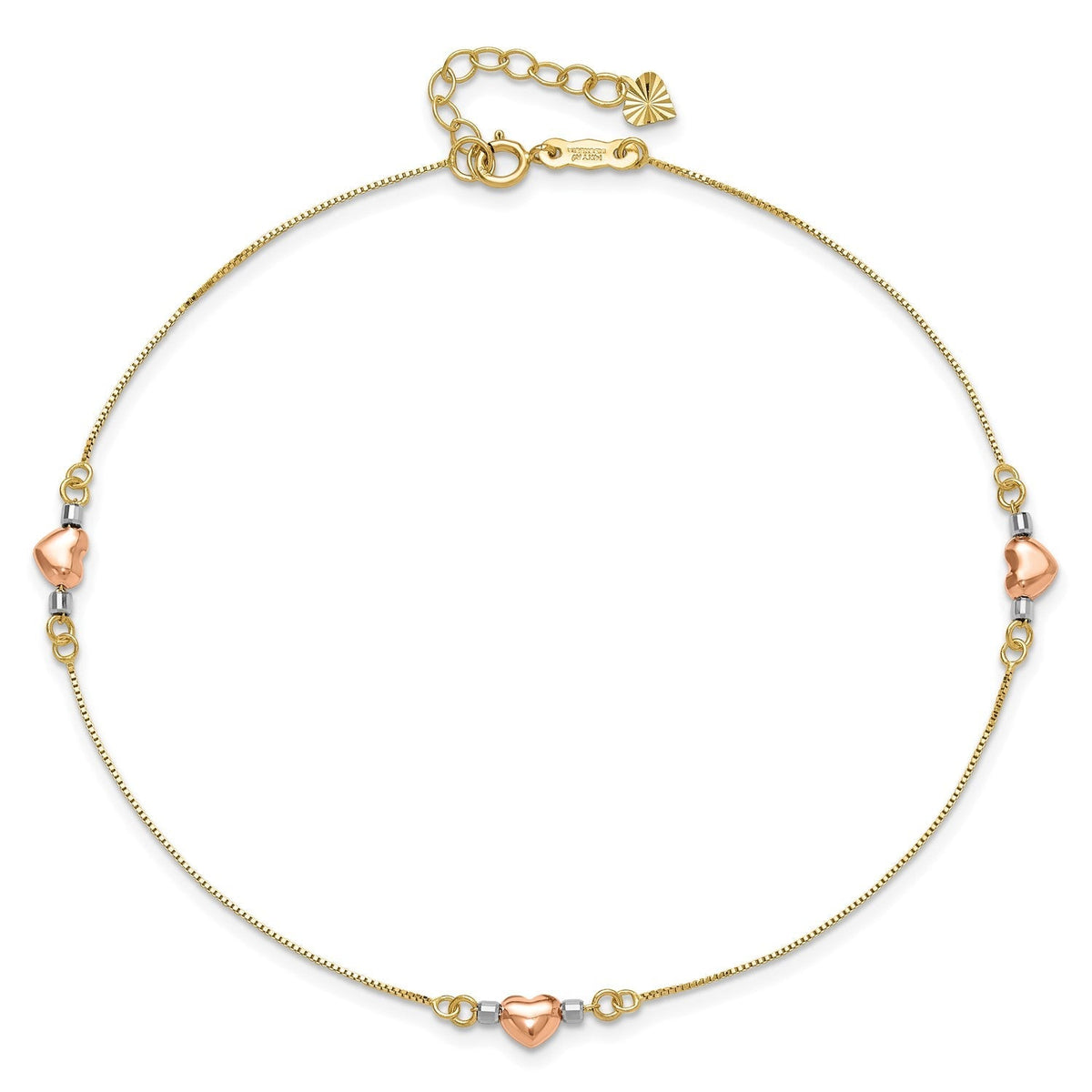 14k Tri-Color Gold Puffed Heart Charms Anklet, Adjustable 9 to 10