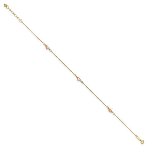 14k Tri-Color Gold Puffed Heart Charms Anklet, Adjustable 9 to 10