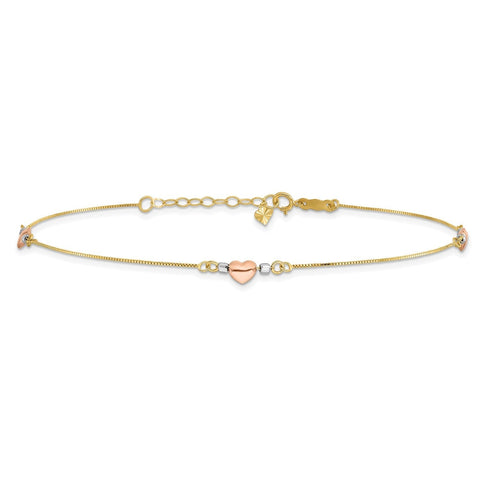 14k Tri-Color Gold Puffed Heart Charms Anklet, Adjustable 9 to 10