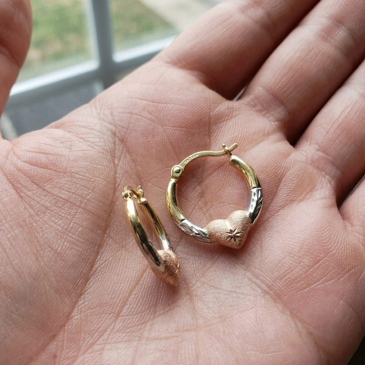 14K Tri Color Gold Solid Hypoallergenic Heart Hoop Shrimp Earrings
