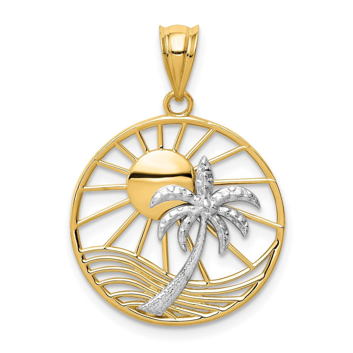 14K Two-Tone Gold Beach Scene Pendant, Sun and Palm Tree Design, 20mm