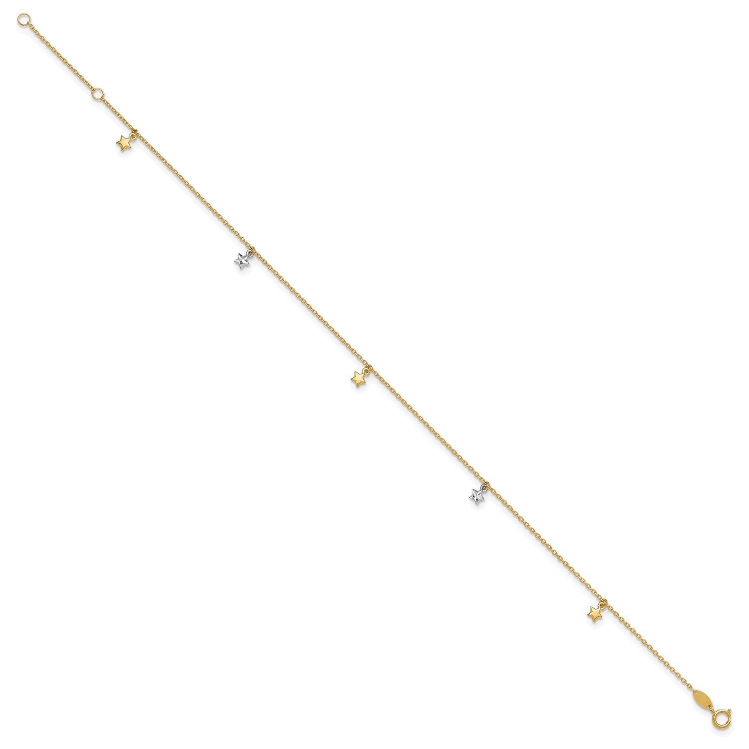 14K Two-tone Solid Gold High Polished Diamond Cut Star Charm Adjustable Anklet,10
