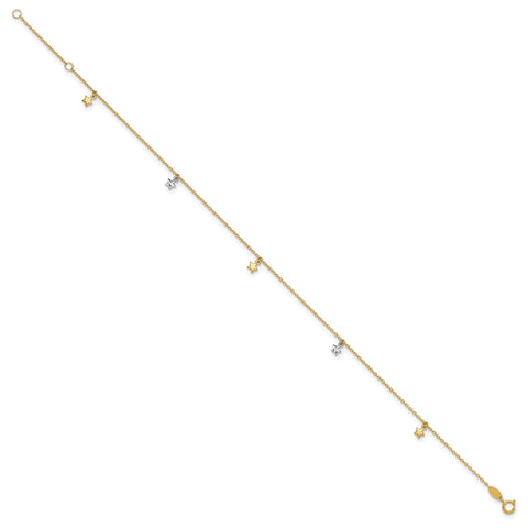 14K Two-tone Solid Gold High Polished Diamond Cut Star Charm Adjustable Anklet,10
