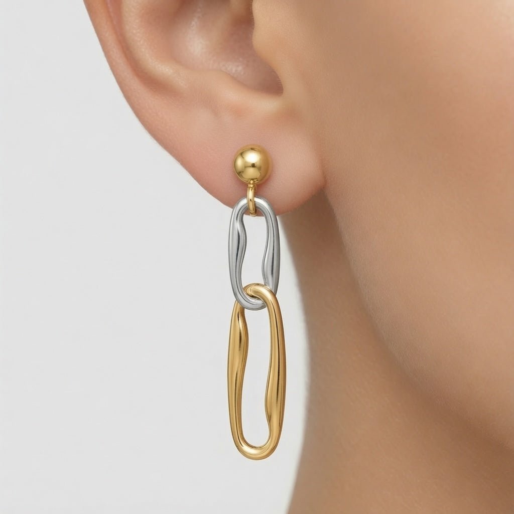 14k Two-Tone Yellow Gold Polished Fancy Long Link Dangle Post Earrings 28mm Length
