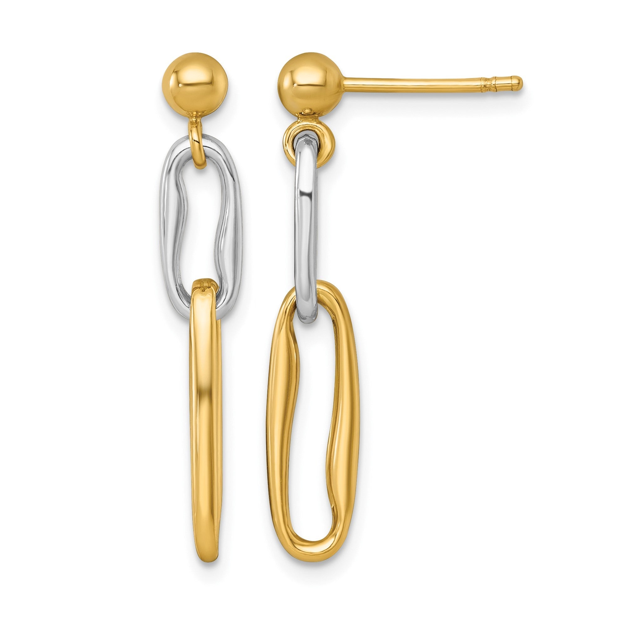 14k Two-Tone Yellow Gold Polished Fancy Long Link Dangle Post Earrings 28mm Length