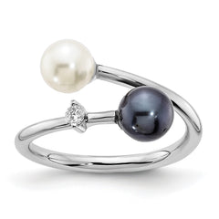 14K White Gold 6mm Black and White Pearl Diamond Adjustable Ring