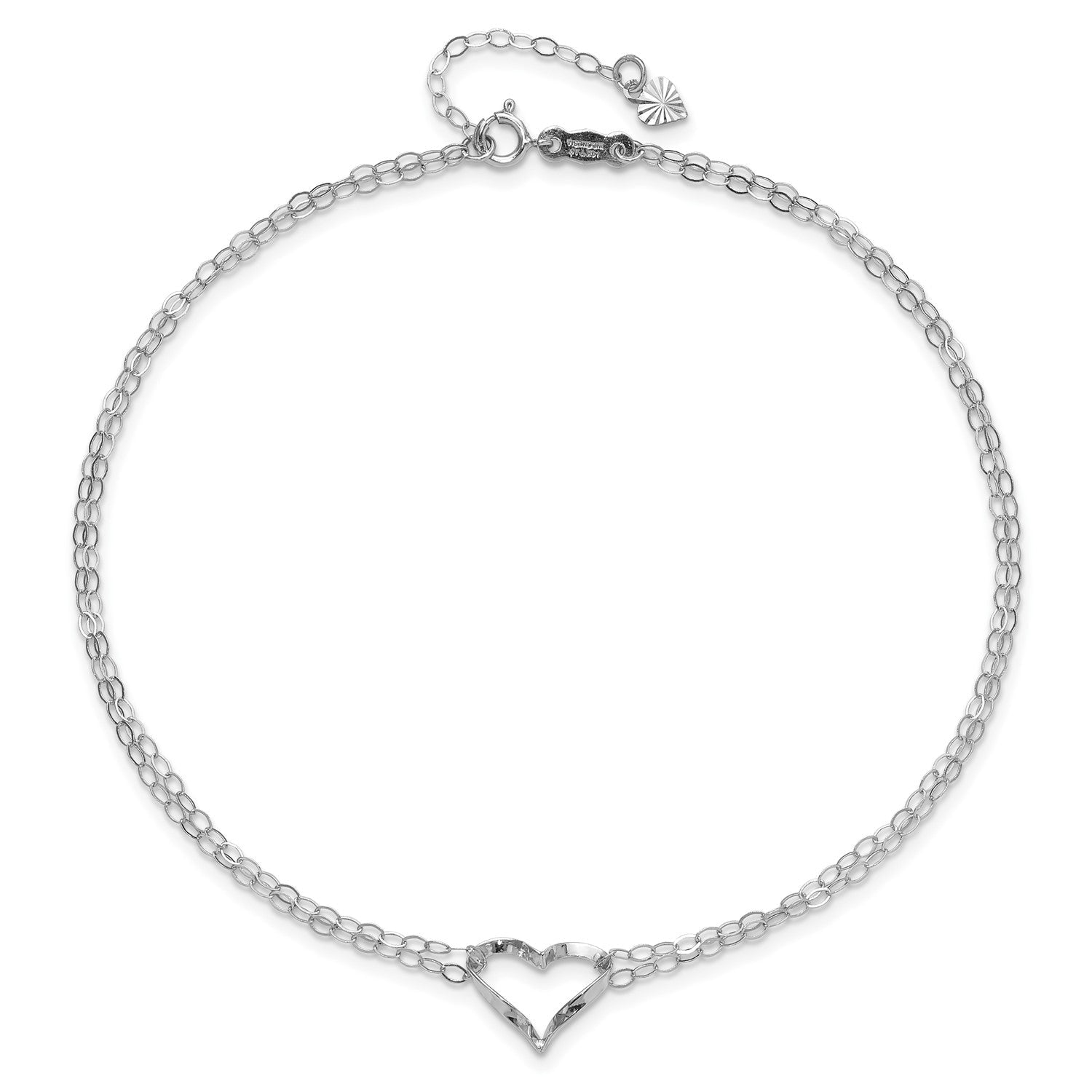 14k White Gold Double Heart Charm Adjustable Anklet, 9 to10 - JewelryAffairs