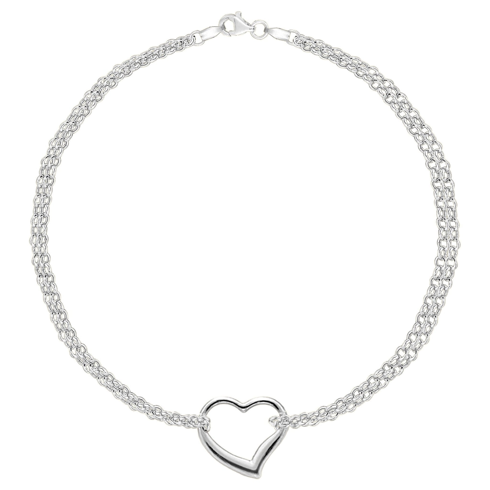 14K White Gold Double Strand With Heart Anklet, 10