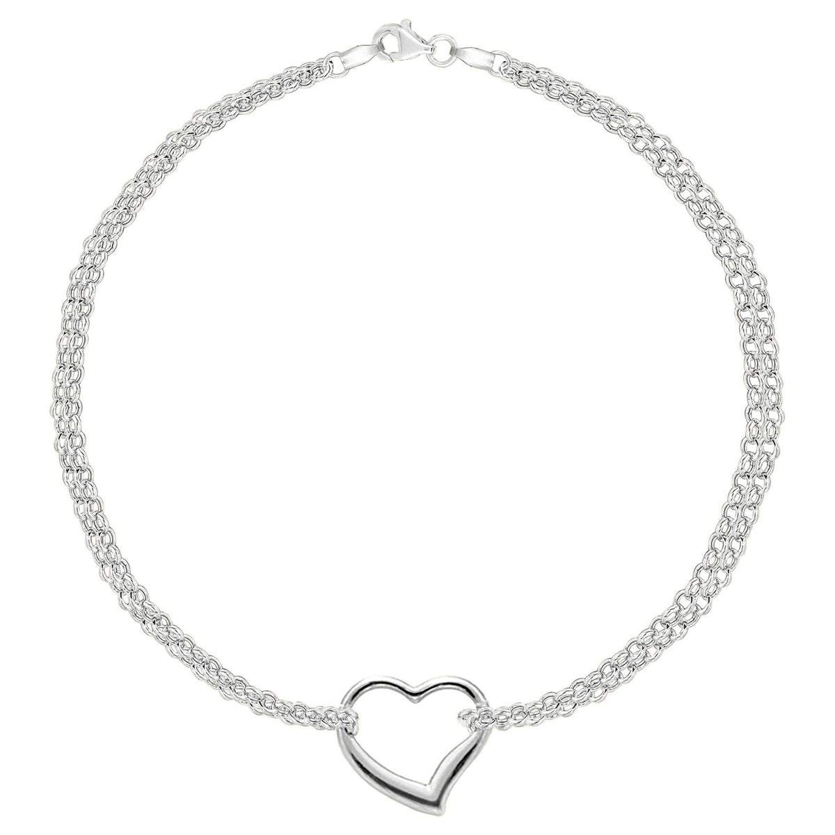 14K White Gold Double Strand With Heart Anklet, 10