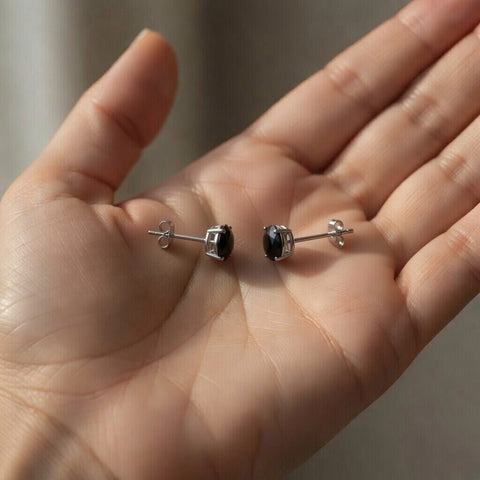 14k White Gold Round Black Cubic Zirconia Stud Earrings