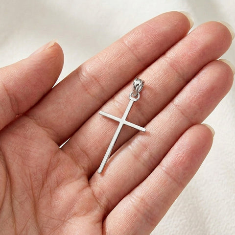 14K White Real Gold 3-D and Polished Cross Charm Pendant, 26x11mm