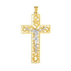 14K Yellow And White Gold Jesus Cross Charm Pendant