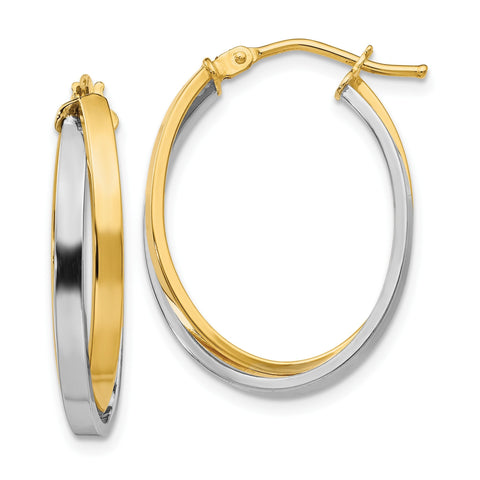 14K Yellow And White Gold Oval Shape Two Tone Double Row Hoop Earrings