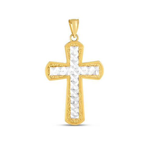 14K Yellow And White Gold Texture Cross Charm Pendant