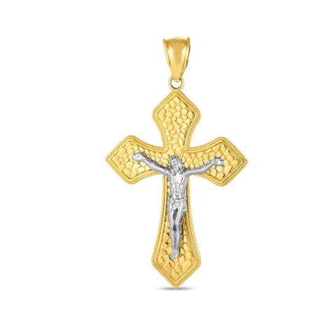 14K Yellow And White Gold Texture Jesus Cross Charm Pendant, 50x25mm