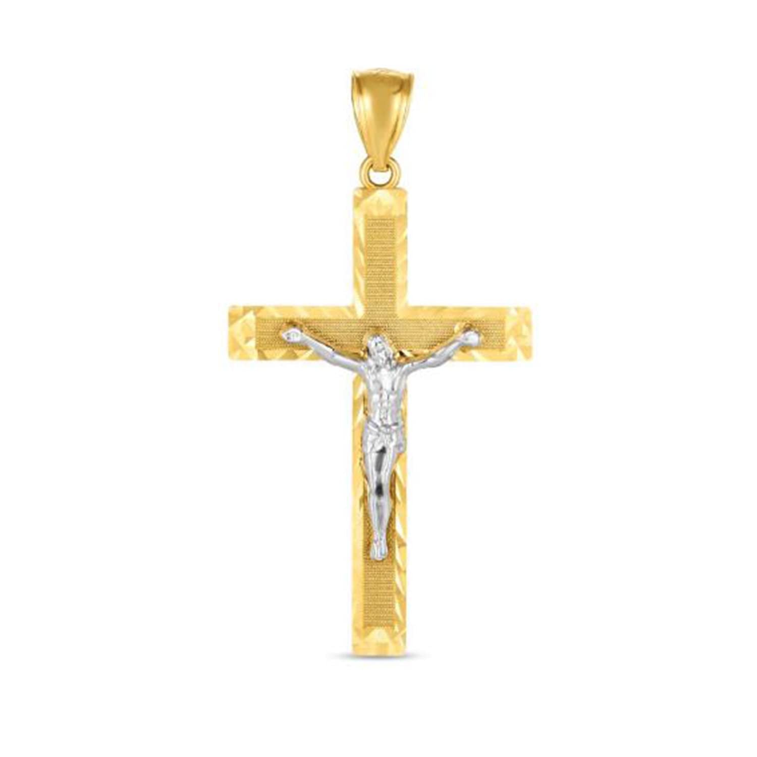 14K Yellow And White Gold Texture Jesus Cross Charm Pendant