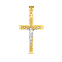 14K Yellow And White Gold Texture Jesus Cross Charm Pendant