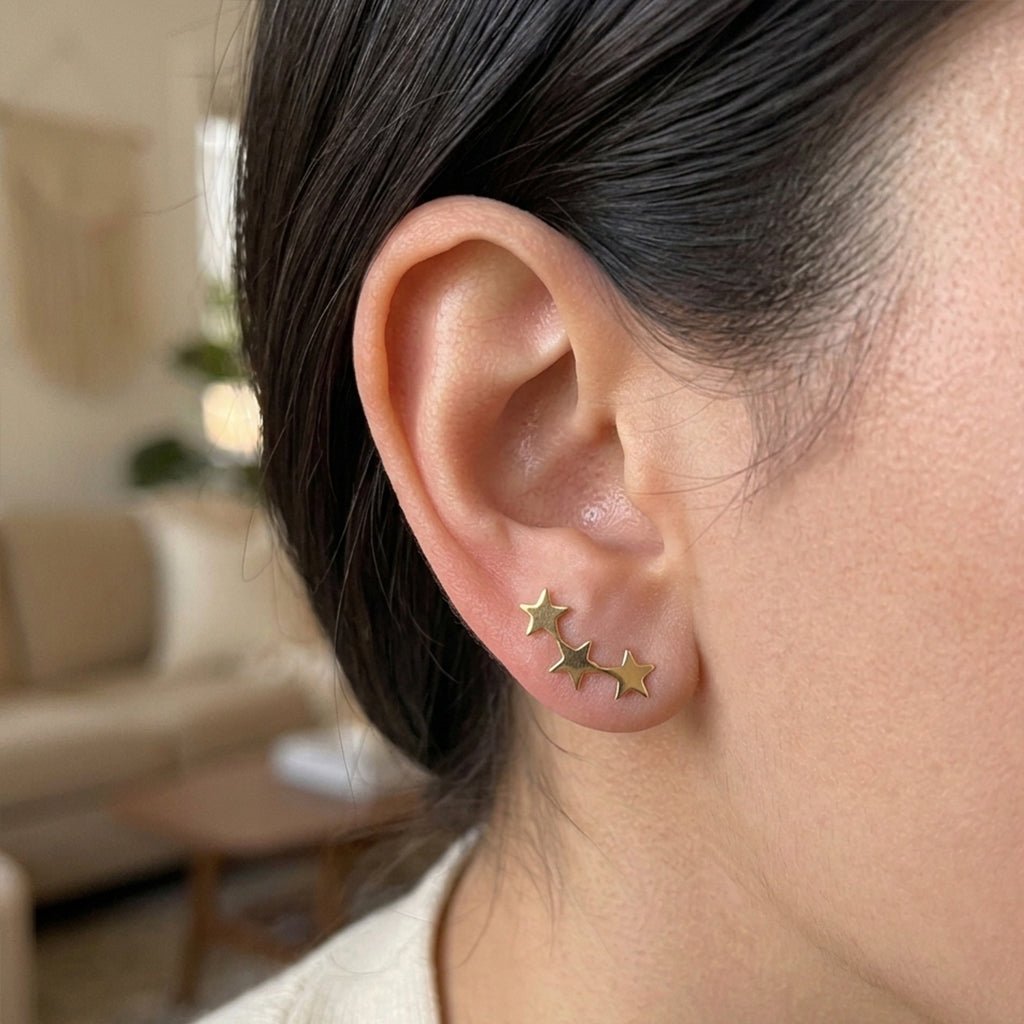14K Yellow Gold 3 Star Climber Stud Earrings - JewelryAffairs