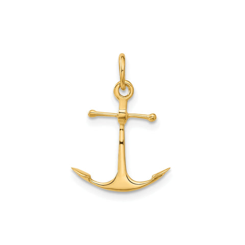 14K Yellow Gold Anchor Pendant Charm, 3D Design, 19x15mm