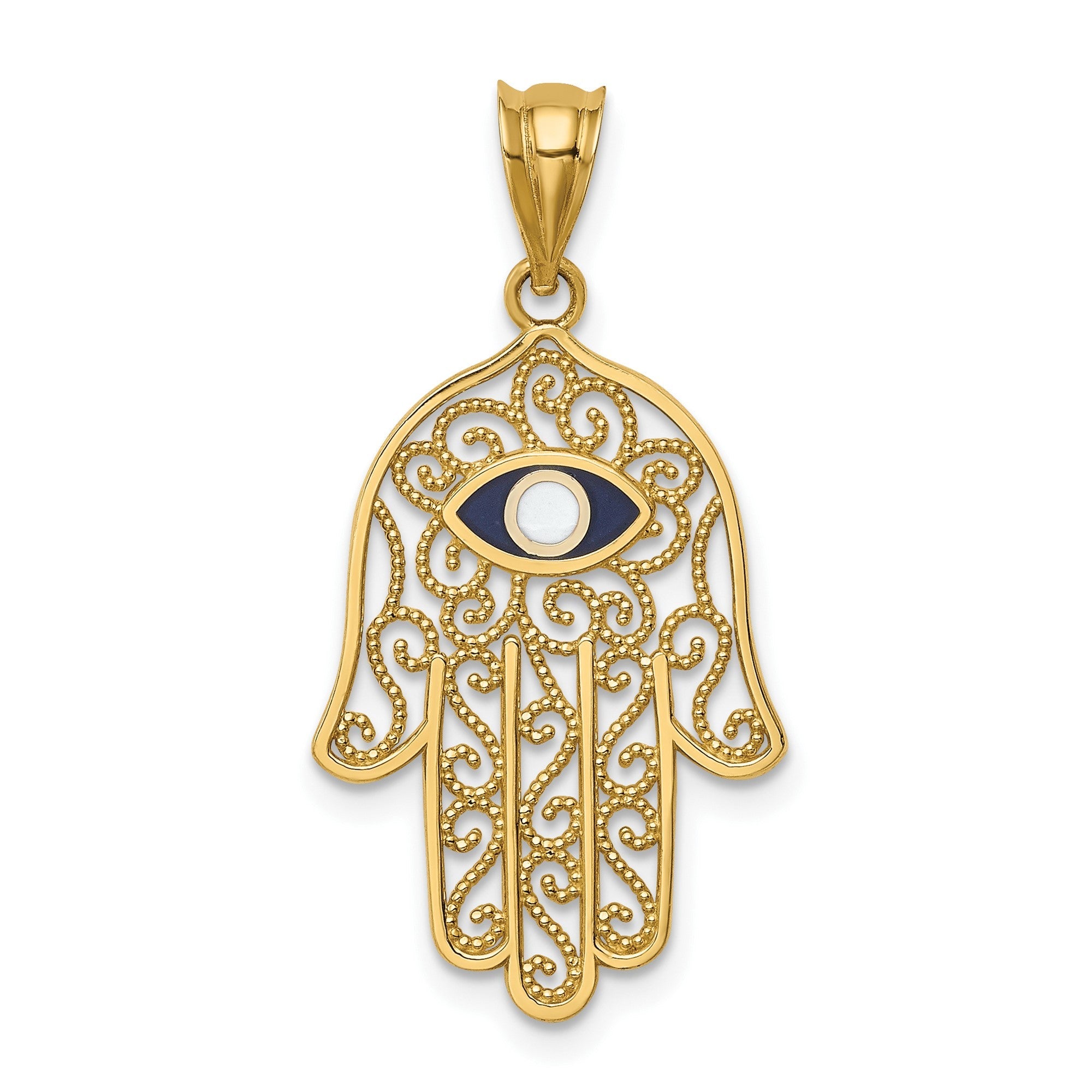 14K Yellow Gold and Enamel Filigree Hamsa Pendant, 30mm